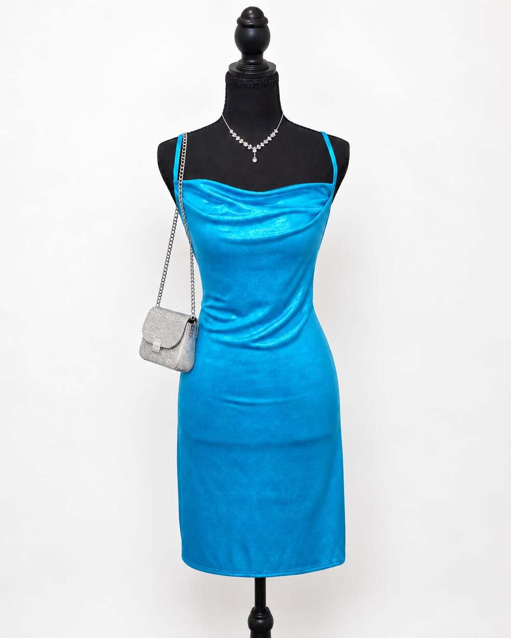 Bebe Made in USA Cowl Neck Bodycon Mini Dress Size M Blue Metallic